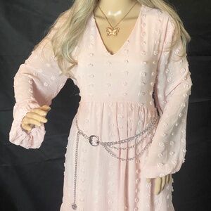 JODIFL Sz M Pink Pom Pom V Neck Babydoll Dress EUC